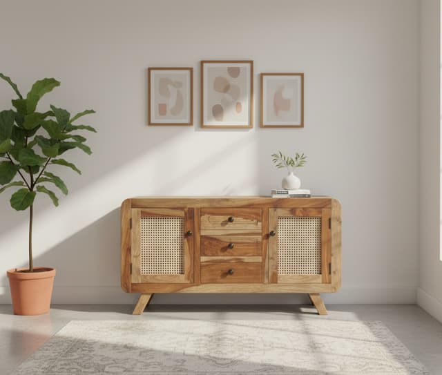 Adore Sideboard Cabinet With Rattan Doors And 3 Drawer in Solid Sheesham wood Adore Sideboard Cabinet With Rattan Doors And 3 Drawer in Solid Sheesham wood